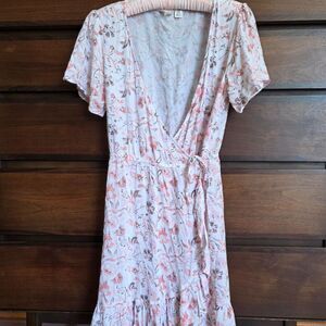 Roxy Wrap Dress Mini Cream & Pink Floral V-Neck Boho Ruffle Coquette Cottage M